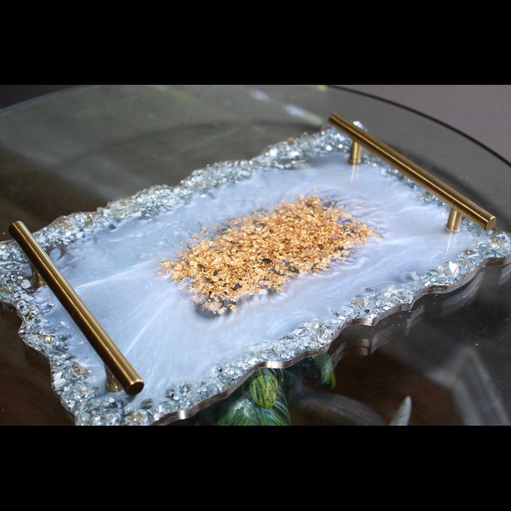 Handmade White Resin Tray With Handles Gold Flakes And Glass - Picture 3 of 8
